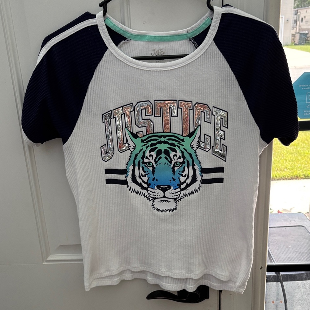 Justice Kids White and Blue Tiger Graphic T-Shirt size 16/18